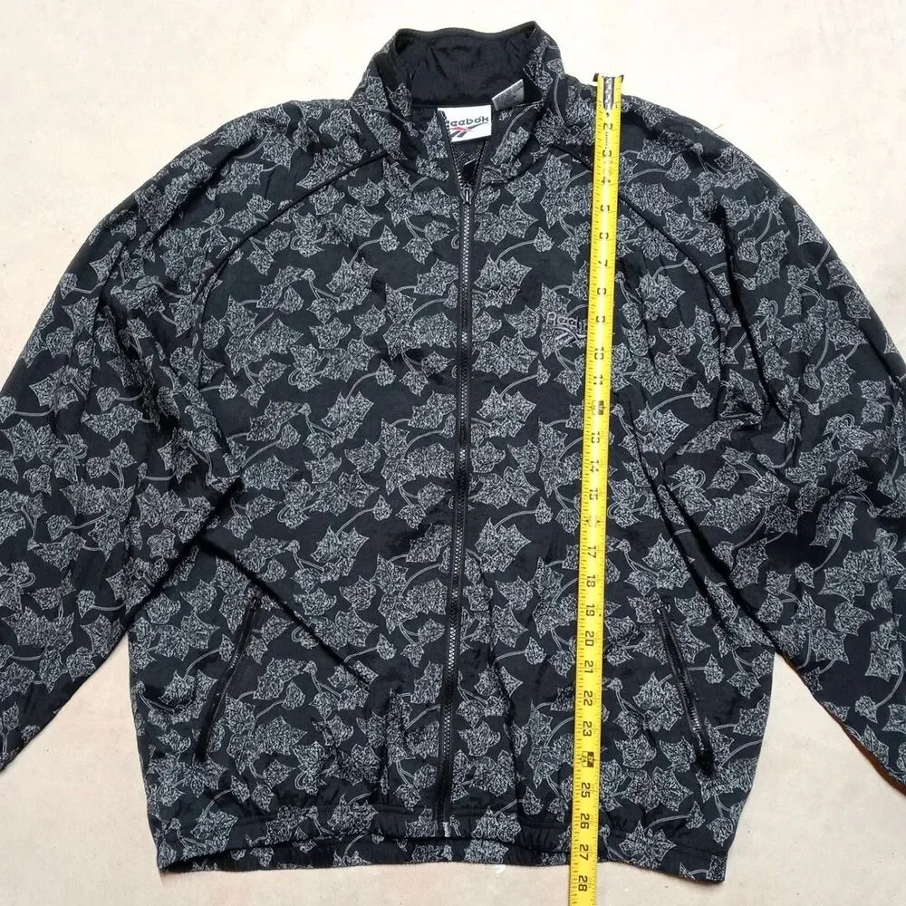 Vintage Reebok Windbreak Jacket Mens LARGE Black Leaf Leaves All Over Print - Picture 7 of 8